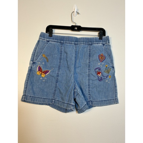 Johnny Was Monroe Embroidered Denim Pull On Short Women's Sz M Mid Wash Boho